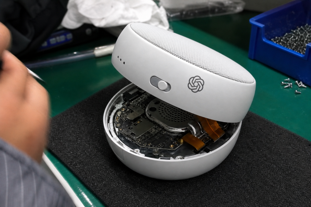 Close-up of a branded OpenAI Relay prototype opened on an electronics bench
