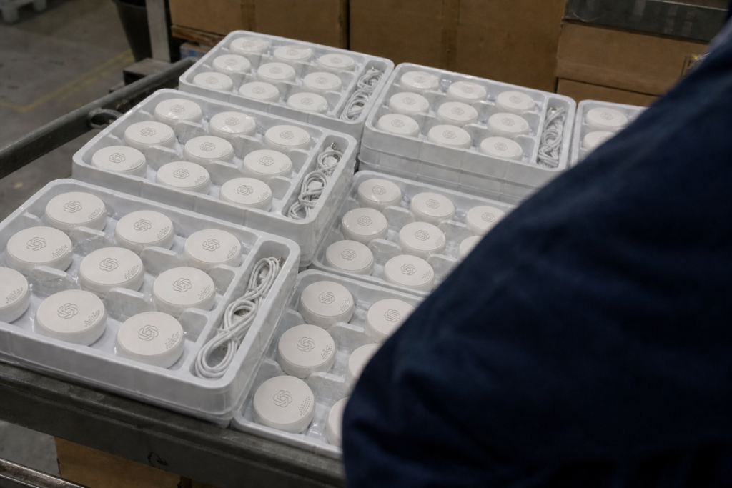 Rows of branded OpenAI Relay devices in shipping trays