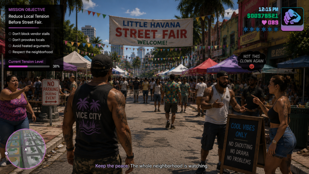 GTA VI-style mission screenshot showing a street fair objective to reduce local tension