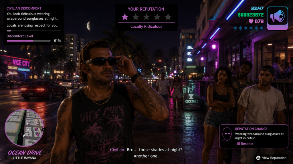 GTA VI-style screenshot showing civilians judging a character for wearing wraparound sunglasses at night