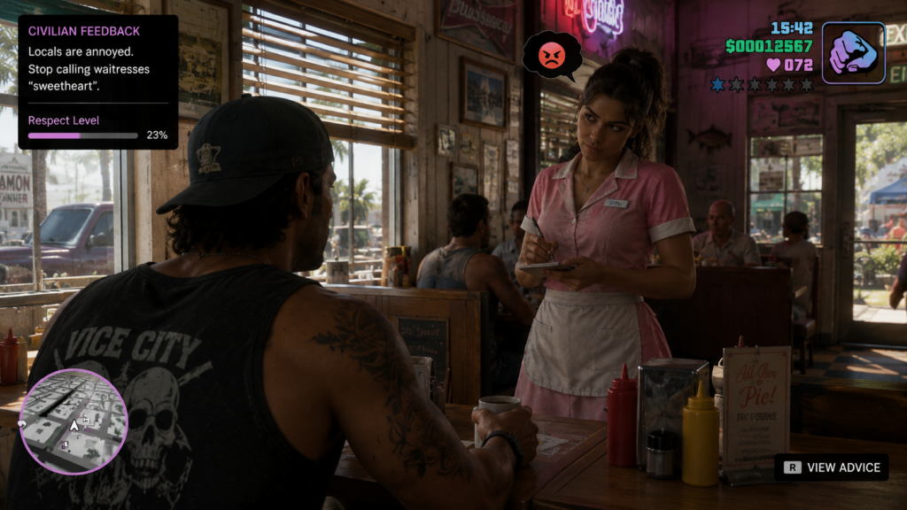 GTA VI-style diner screenshot showing a waitress reacting to a character calling her sweetheart
