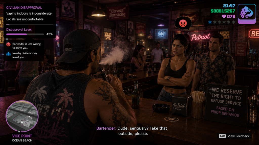 GTA VI-style bar screenshot showing locals disapproving of indoor vaping