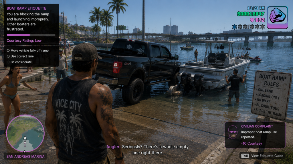 GTA VI-style boat ramp screenshot showing a courtesy penalty for improper boat ramp use