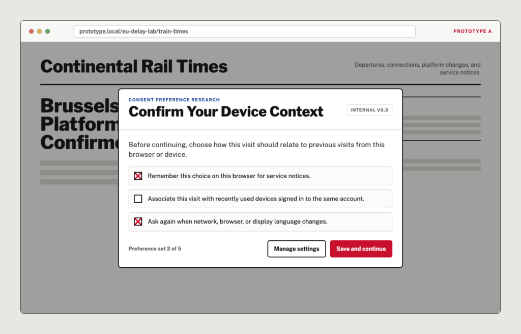 Prototype screenshot showing a Confirm Your Device Context modal over a train timetable website.