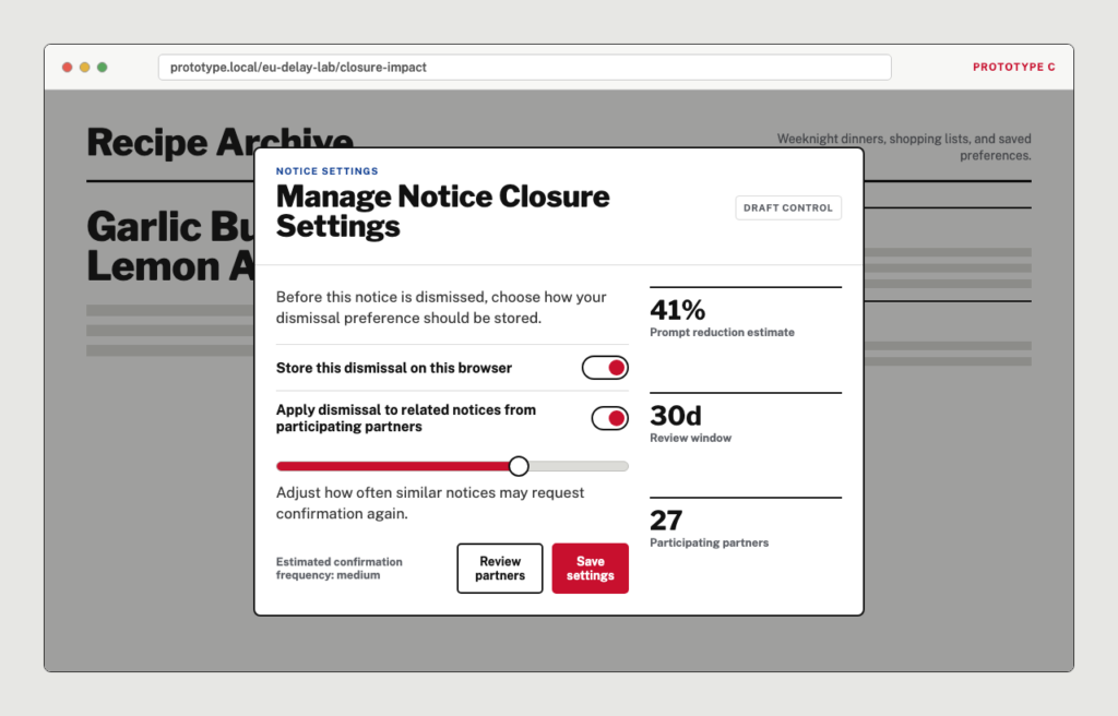 Prototype screenshot showing a Manage Notice Closure Settings modal on a recipe website.