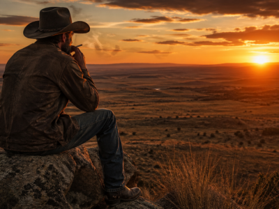 cowboy smoking cigarette sunset