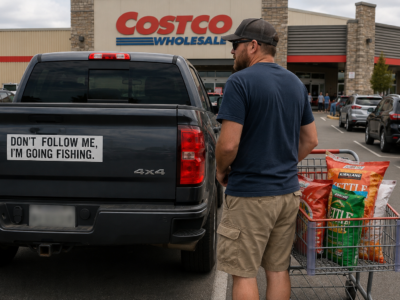 man with bumper sticker not going fishing