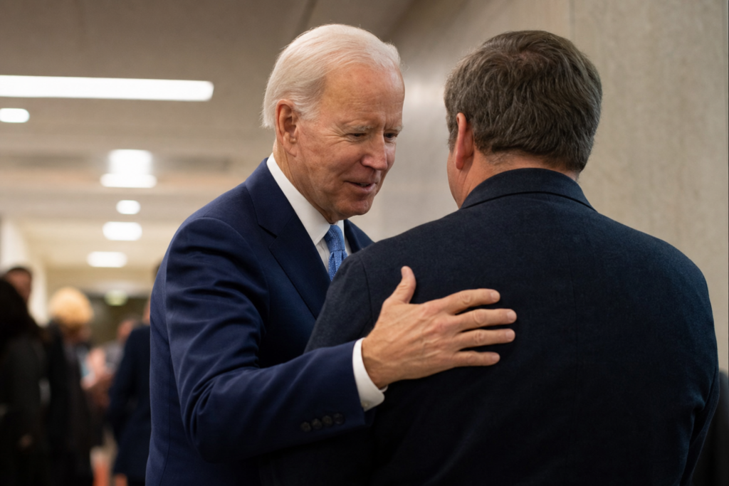 Joe Biden patting a man on the back in a civic hallway
