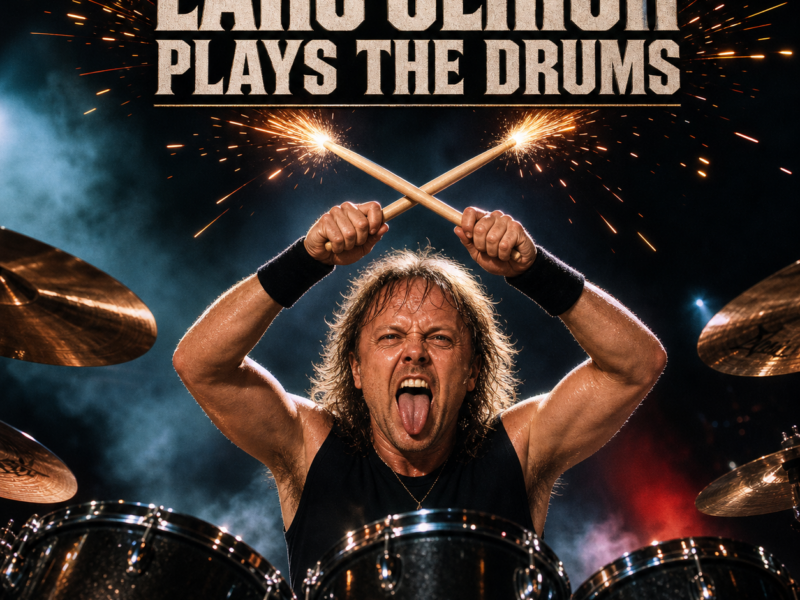 Fake album artwork of Lars Ulrich sticking his tongue out behind a drum kit as sparks fly from his drumsticks