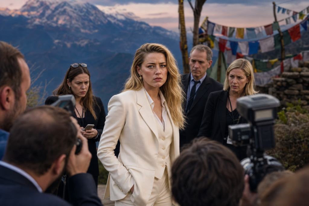 Amber Heard standing calmly at a Hollywood press event with distant mountains behind her