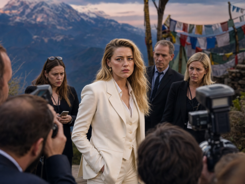 Amber Heard standing calmly at a Hollywood press event with distant mountains behind her