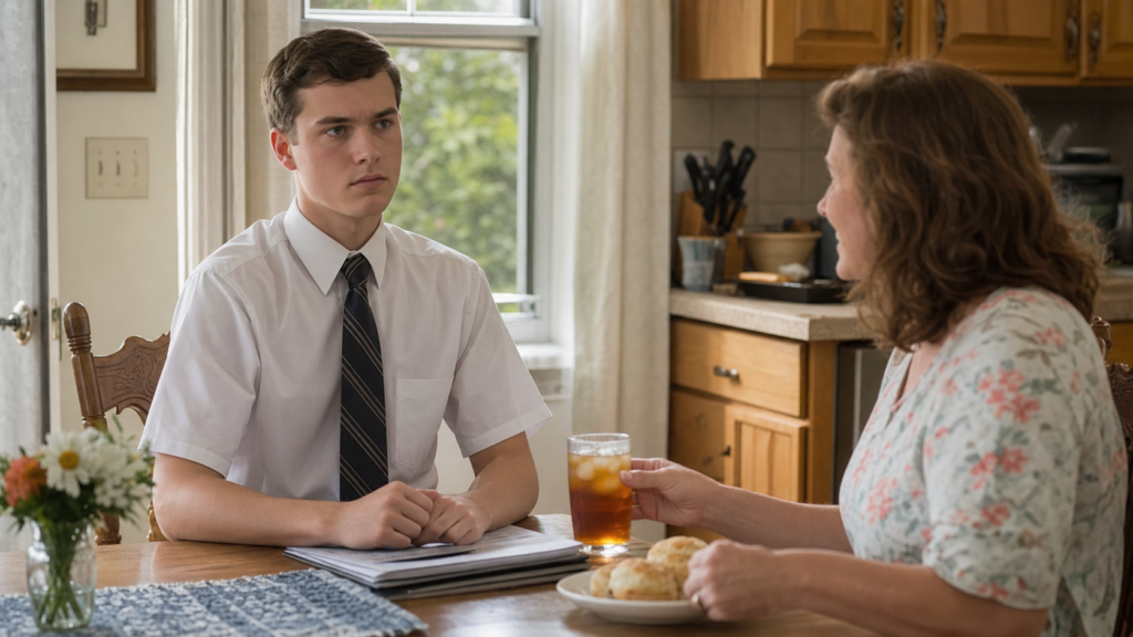 A clean-cut young man in a tie sits at a kitchen table while an older woman offers him iced tea.