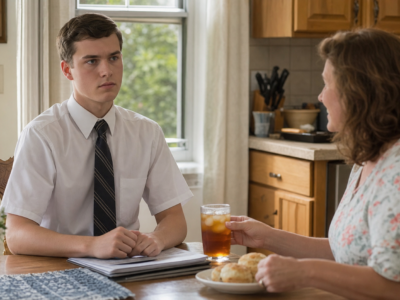 A clean-cut young man in a tie sits at a kitchen table while an older woman offers him iced tea.