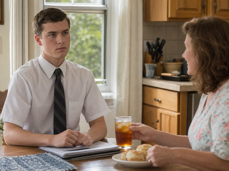 A clean-cut young man in a tie sits at a kitchen table while an older woman offers him iced tea.