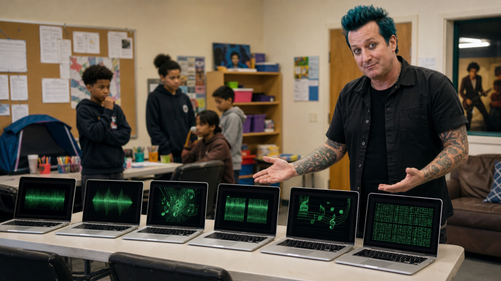 Tré Cool standing beside six laptops in a youth center computer room
