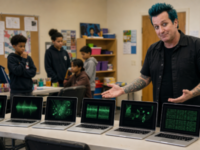 Tré Cool standing beside six laptops in a youth center computer room