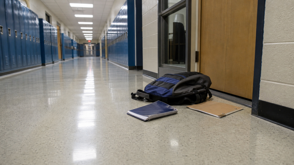 Backpack and notebook left outside a middle school office after a hallway incident