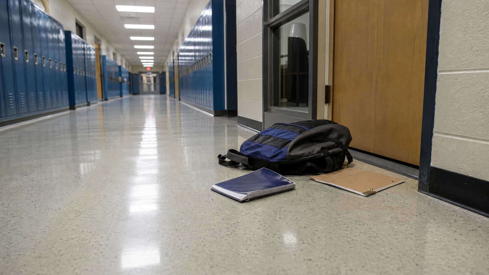 Backpack and notebook left outside a middle school office after a hallway incident