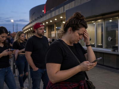 Concertgoers outside an arena checking ticket prices on phones