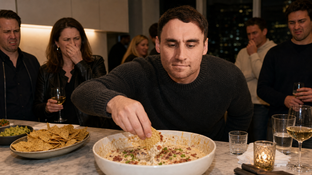 Nikita Bier dipping a bitten tortilla chip into a bowl of bacon dip at a tech dinner