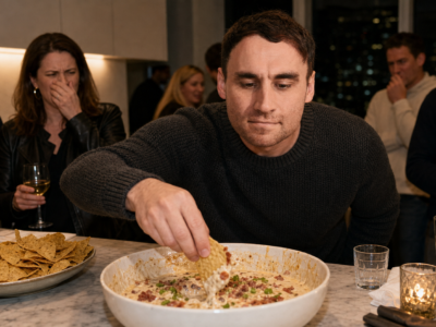 Nikita Bier dipping a bitten tortilla chip into a bowl of bacon dip at a tech dinner