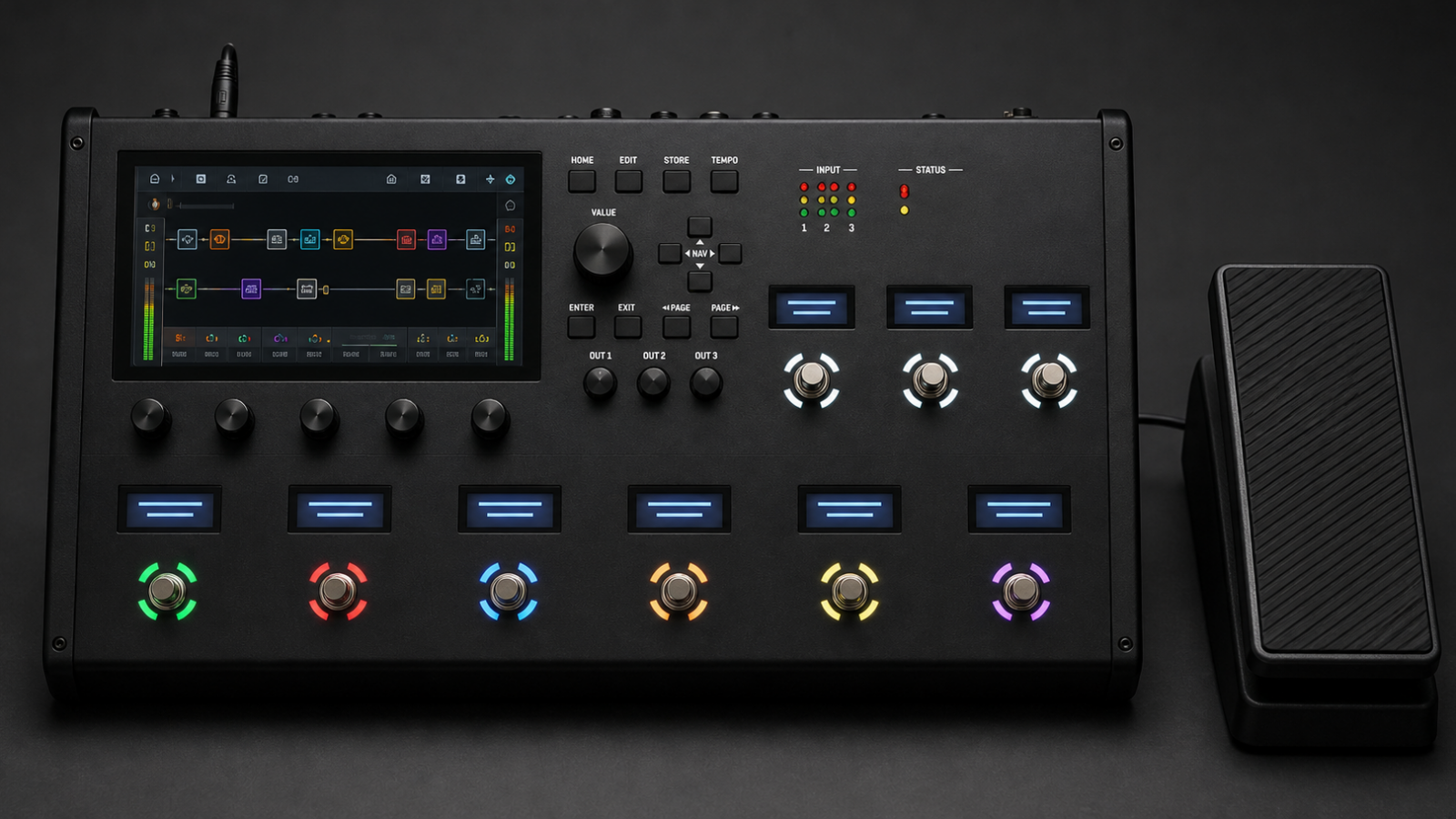 Concept-style photo of a black FM9-style guitar modeler with a touchscreen and separate expression pedal accessory.