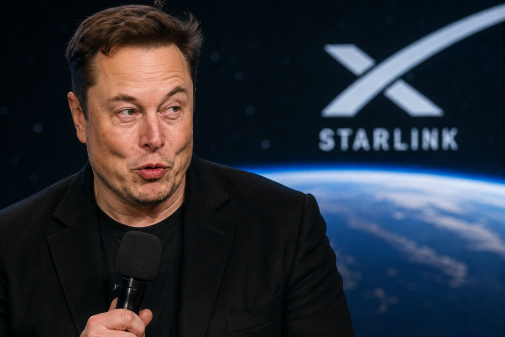 Elon Musk presenting Starlink connectivity upgrades at a technology event