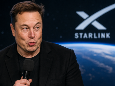 Elon Musk presenting Starlink connectivity upgrades at a technology event