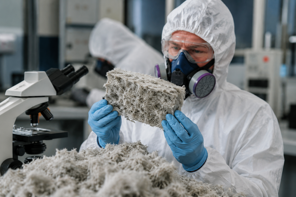 Scientist in protective gear examining a fibrous asbestos sample beside a microscope