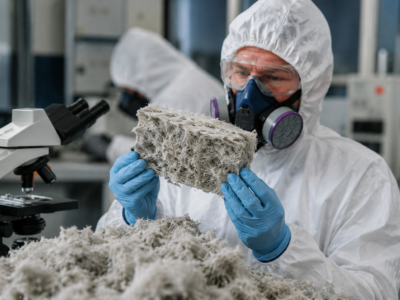 Scientist in protective gear examining a fibrous asbestos sample beside a microscope