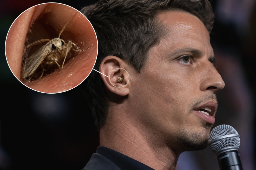 Tony Hinchcliffe speaking into a microphone with an inset of a moth inside an ear
