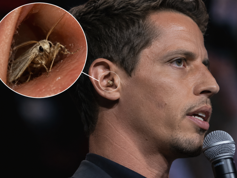 Tony Hinchcliffe speaking into a microphone with an inset of a moth inside an ear