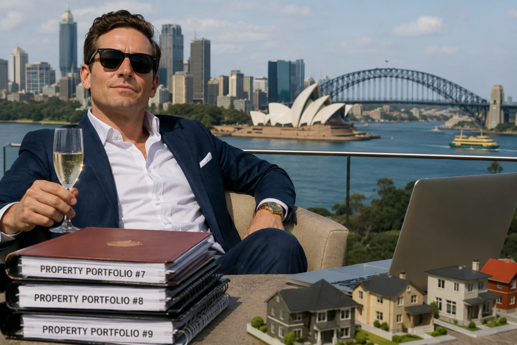 Property investor holding champagne on a Sydney balcony with portfolio binders, model houses, and the harbor behind him
