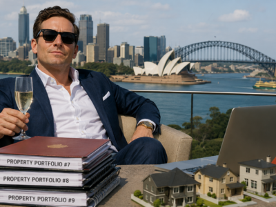 Property investor holding champagne on a Sydney balcony with portfolio binders, model houses, and the harbor behind him