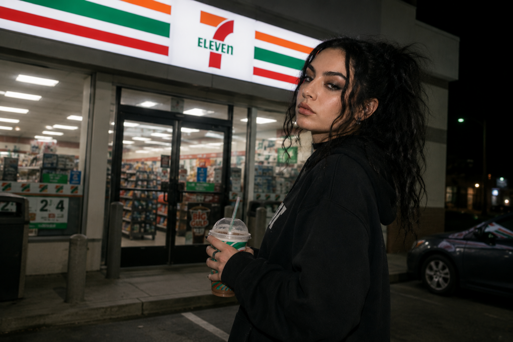 Charli XCX holding a drink outside a 7-Eleven at night