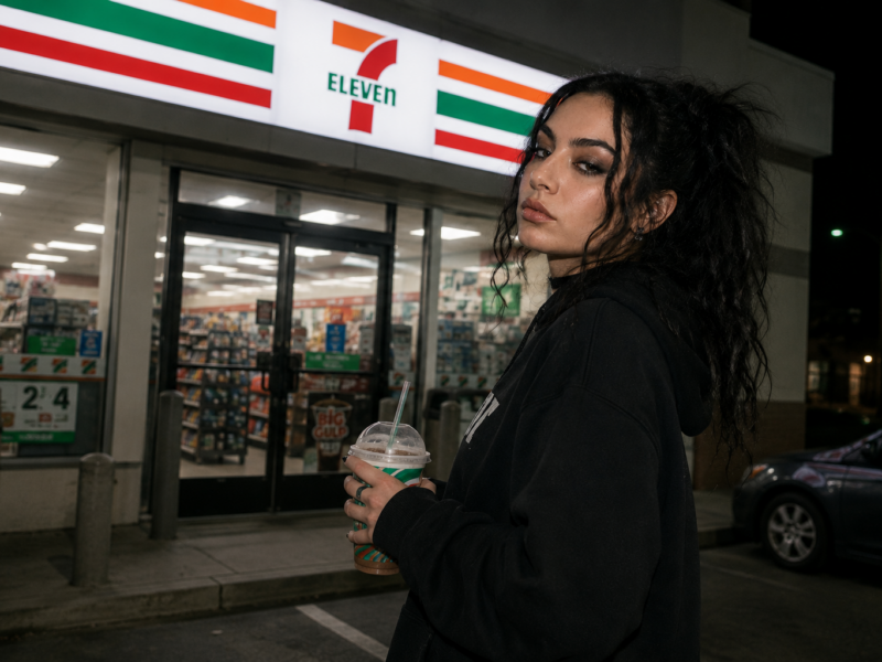 Charli XCX holding a drink outside a 7-Eleven at night