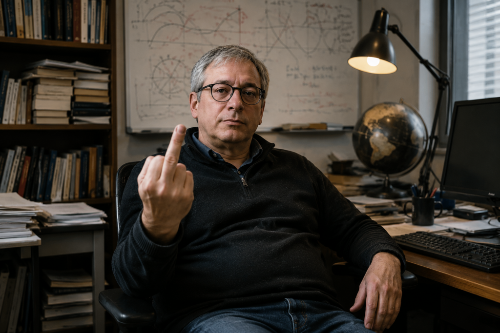 Gary Marcus seated in an office with a whiteboard while making an obscene hand gesture