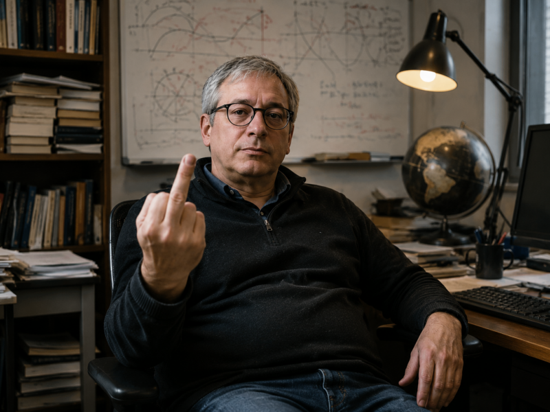 Gary Marcus seated in an office with a whiteboard while making an obscene hand gesture
