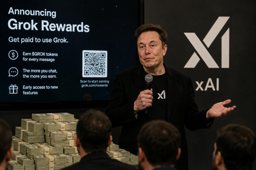 Elon Musk presenting a Grok Rewards program beside stacks of cash and xAI branding