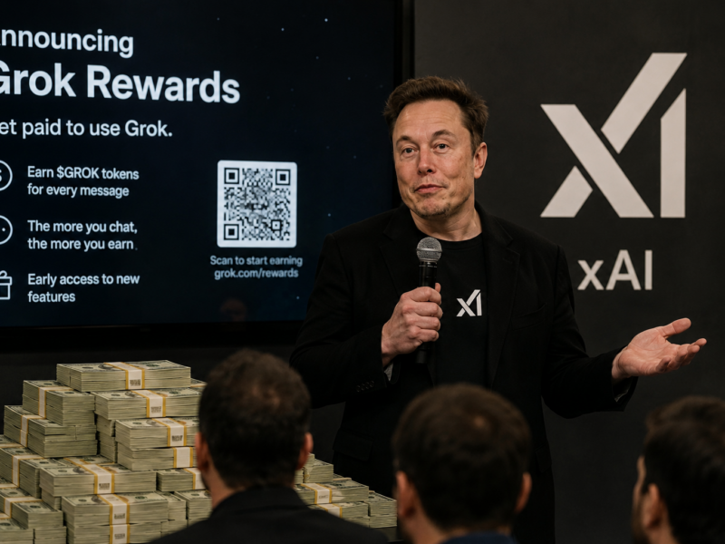 Elon Musk presenting a Grok Rewards program beside stacks of cash and xAI branding