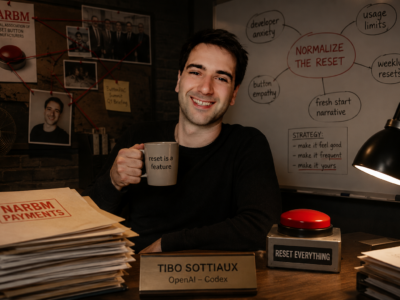 Person labeled Tibo Sottiaux sitting at a desk with a reset button, whiteboard notes, and NARBM documents