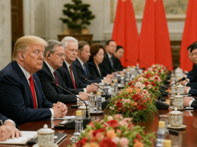 President Donald Trump sits with his eyes closed during a formal diplomatic meeting in Beijing.