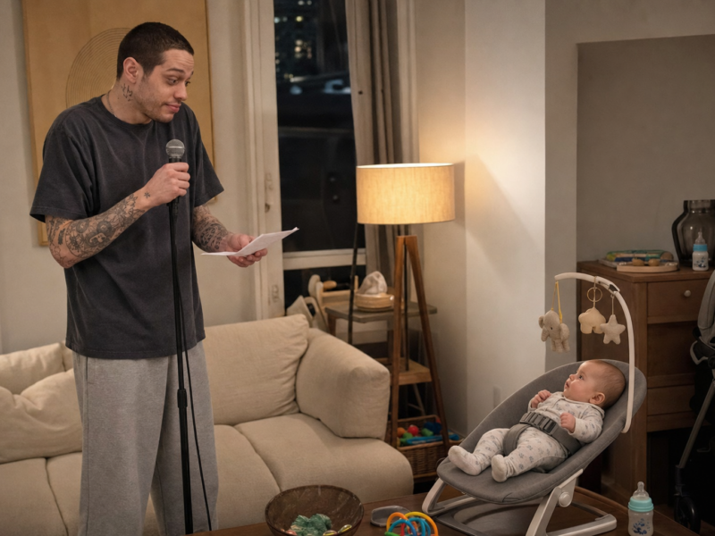 Pete Davidson performing stand-up in a living room while a baby in a bouncer looks away.