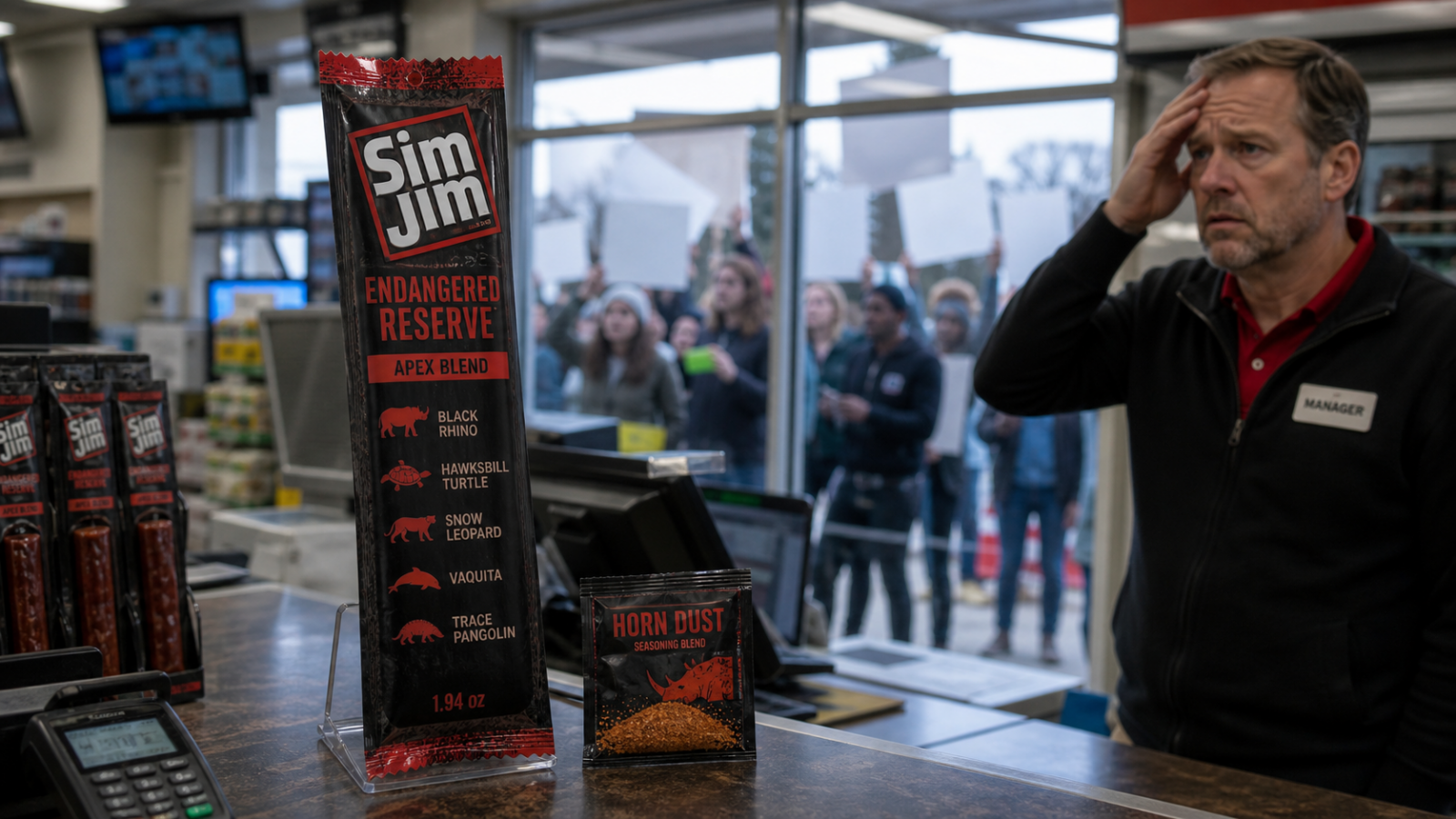 Parody Sim Jim Endangered Reserve meat stick displayed on a convenience store counter while protesters gather outside.