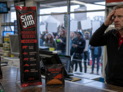 Parody Sim Jim Endangered Reserve meat stick displayed on a convenience store counter while protesters gather outside.
