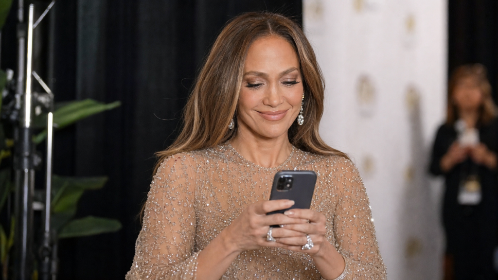 Jennifer Lopez smiles while looking at a smartphone backstage at a celebrity event.