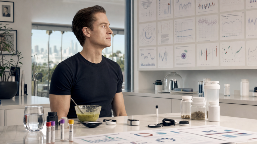 Bryan Johnson sitting in a sterile kitchen-lab while biomarker charts and supplements surround him.