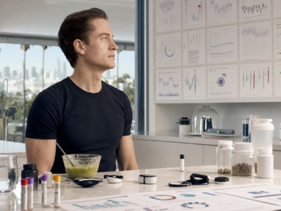 Bryan Johnson sitting in a sterile kitchen-lab while biomarker charts and supplements surround him.
