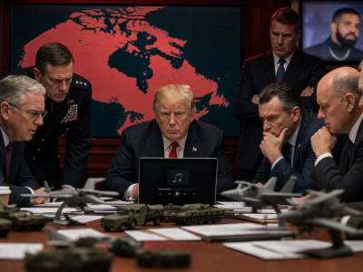 President Trump and advisers study a map of Canada during a tense music briefing about Drake new albums.