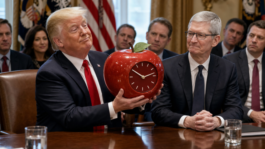 Donald Trump presents a glossy apple-shaped clock to Tim Cook in a staged White House meeting room